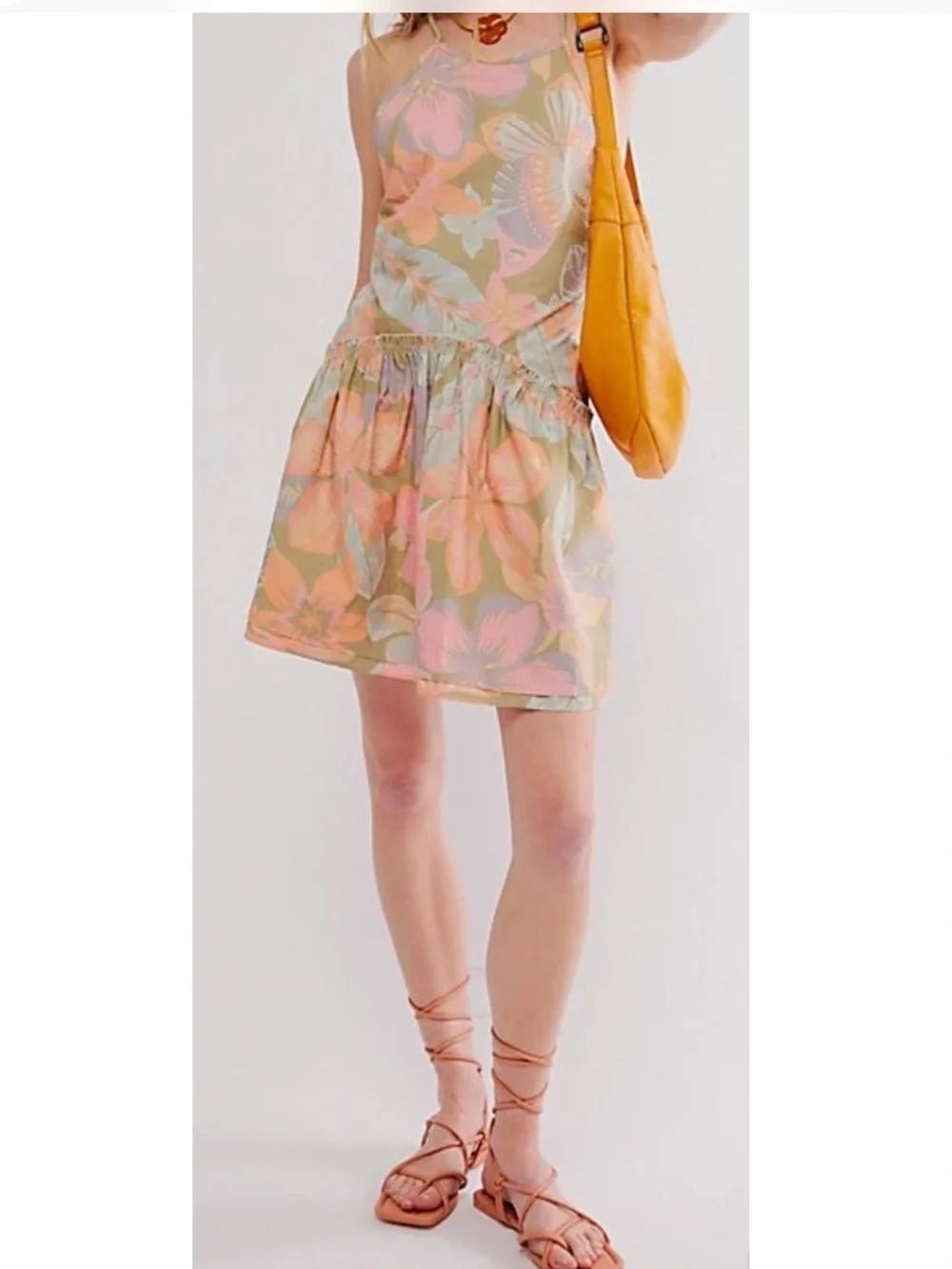 Free People Rainforest Combo DesPastel Floral Halter Mini Dress Size Large